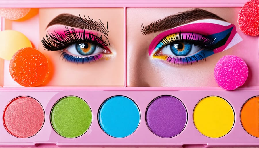 Various eye shadow colors in a palette reflecting candy-inspired hues like pink, blue, and yellow.