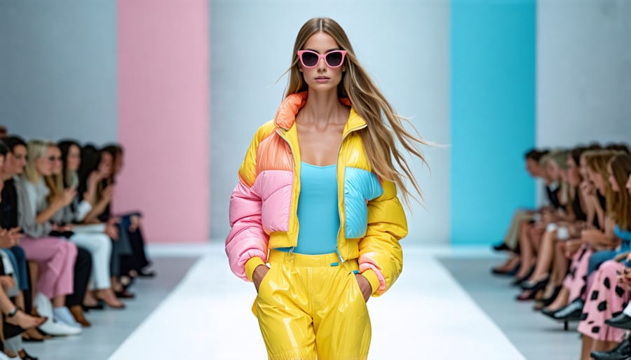 Model on a runway showcasing a candy-inspired pastel outfit, highlighting the influence of candy colors in fashion.