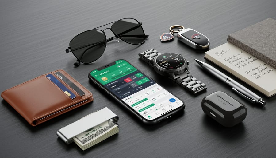 Flatlay of luxury betting accessories including smartwatch, designer lighter, crossbody bag, and premium vape device