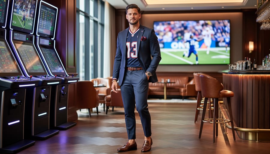 Man wearing styled hockey jersey with dress pants and sneakers in upscale sports lounge