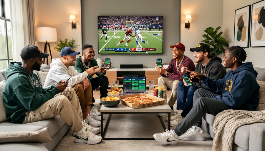 Group of stylishly dressed men watching sports in modern Toronto condo with city skyline view
