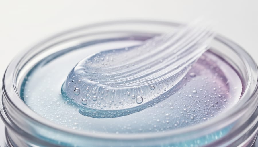 Macro close-up of a droplet being dispensed onto skincare gel