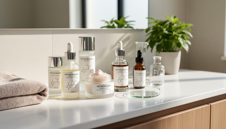 Skincare products with dropper bottles and a lab pipette arranged on a luxury vanity