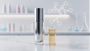 “Close-up of a skincare serum bottle and a small glass vial on a clean white lab bench, with soft molecular-inspired visual highlights in the background.”