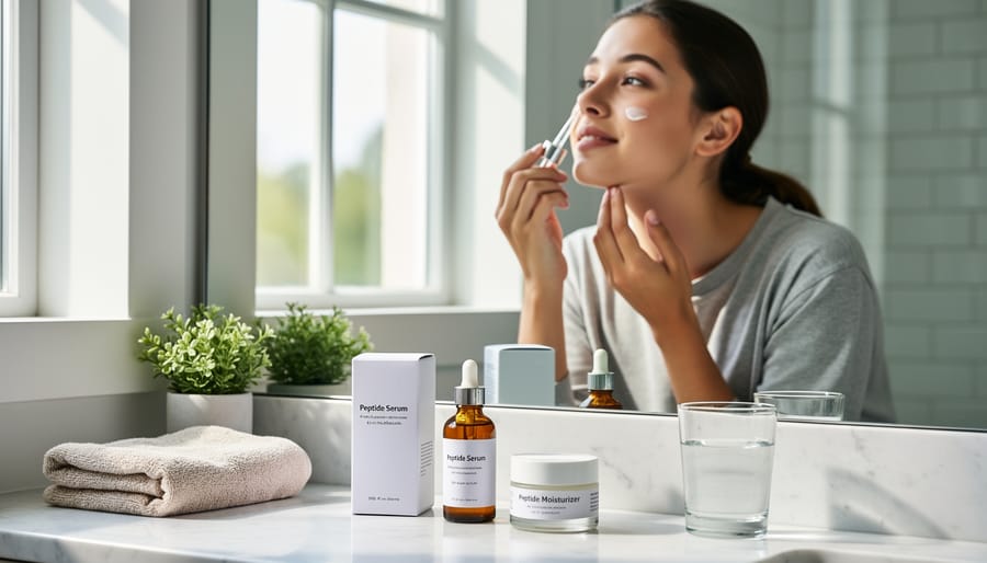 Person applying moisturizer with hands in a bright bathroom setting